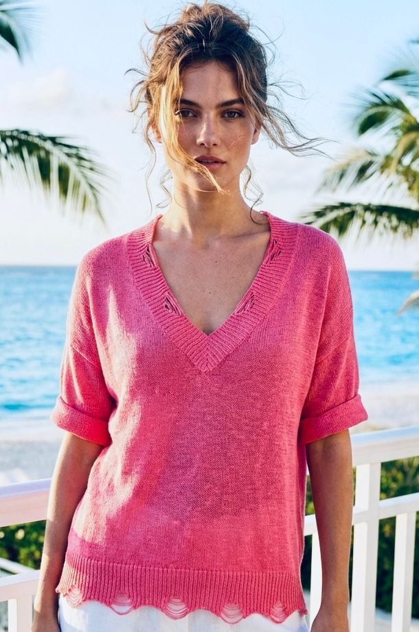 Bibi Pink Distressed V-Neck Short Sleeve Knit Sweater With Kangaroo Pocket